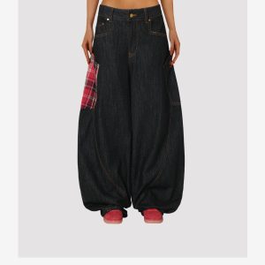 Concert Outfit Plaid Pocket Barrel Loose Jeans