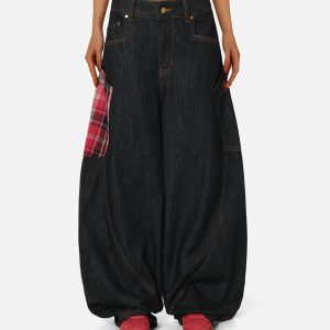 Concert Outfit Plaid Pocket Barrel Loose Jeans