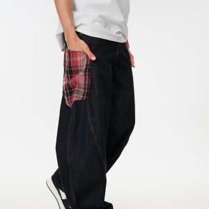 Concert Outfit Plaid Pocket Barrel Loose Jeans