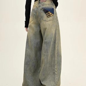 Concert Outfit Plaid Pocket Washed Jeans