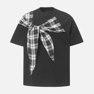 Concert Outfit Plaid Scarf Crew Neck T-Shirt