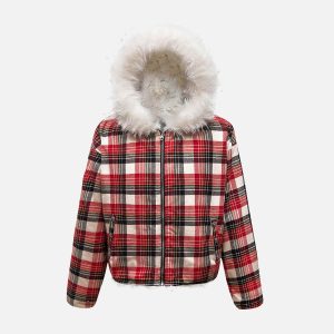 Concert Outfit Plaid Sherpa Lined  Fur Hooded Jacket