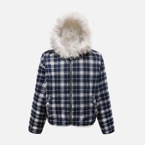 Concert Outfit Plaid Sherpa Lined  Fur Hooded Jacket