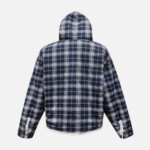 Concert Outfit Plaid Sherpa Lined  Fur Hooded Jacket
