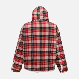 Concert Outfit Plaid Sherpa Lined  Fur Hooded Jacket
