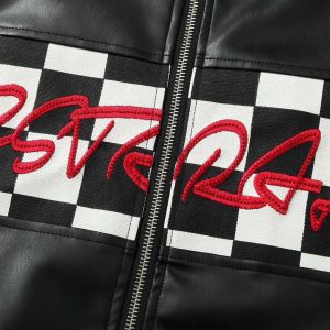 Concert Outfit Plaid Stitching Motorcycle Leather Jacket