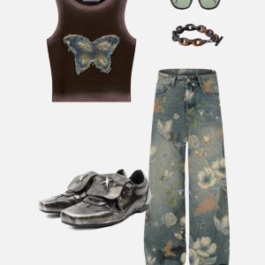 Concert Outfit Plant Flower Print Jeans