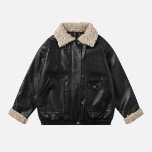 Concert Outfit Plush Collar Faux Leather Jacket