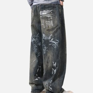 Concert Outfit Print Hand-Painted Graffiti Drawstring Baggy Jeans
