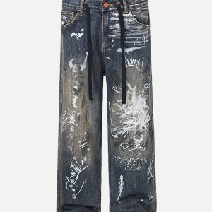 Concert Outfit Print Hand-Painted Graffiti Drawstring Baggy Jeans