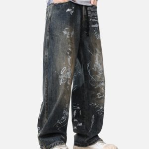 Concert Outfit Print Hand-Painted Graffiti Drawstring Baggy Jeans