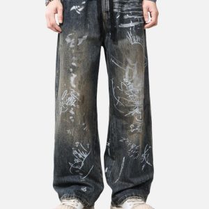 Concert Outfit Print Hand-Painted Graffiti Drawstring Baggy Jeans
