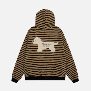 Concert Outfit Puppy Patch Embroidered Striped Zip-Up Hoodie