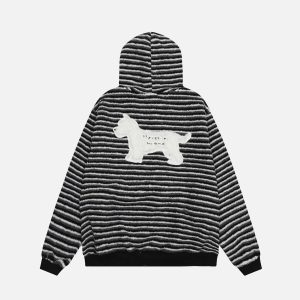 Concert Outfit Puppy Patch Embroidered Striped Zip-Up Hoodie