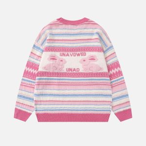 Concert Outfit Rabbit Jacquard Bow Decorative Stripes Sweater