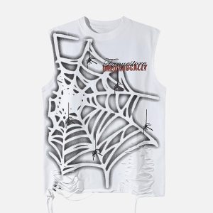 Concert Outfit Raggedy Design Spider Web Graphic Vest