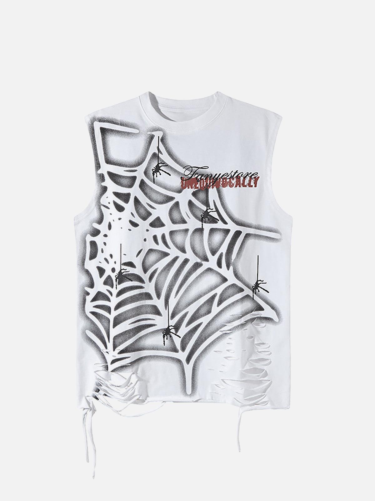 Concert Outfit Raggedy Design Spider Web Graphic Vest Concert Outfit Raggedy Design Spider Web Graphic Vest