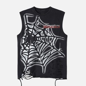 Concert Outfit Raggedy Design Spider Web Graphic Vest