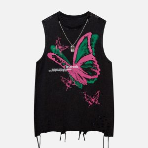 Concert Outfit Raw Edge Butterfly Print Vest