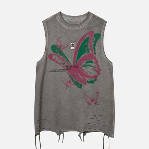 Concert Outfit Raw Edge Butterfly Print Vest