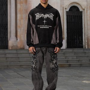 Concert Outfit Raw Edge Patch Straight Jeans