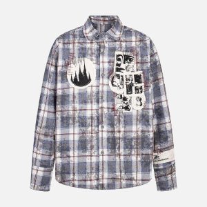Concert Outfit Retro Cleanfit Patch Embroidered Plaid Shirt