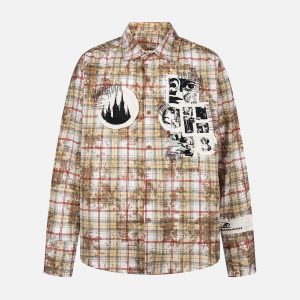 Concert Outfit Retro Cleanfit Patch Embroidered Plaid Shirt