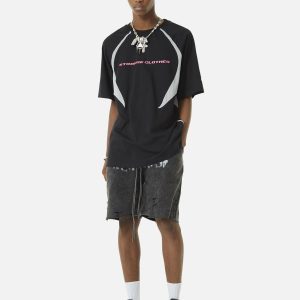 Concert Outfit Retro Color-Blocked Deconstructed Stitching Racing T-Shirt