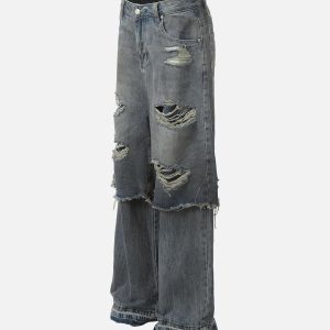 Concert Outfit Retro Distressed Faux Two-Piece Ripped Jeans