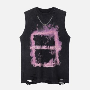Concert Outfit Retro Distressed Washed Smoke Printed Vest