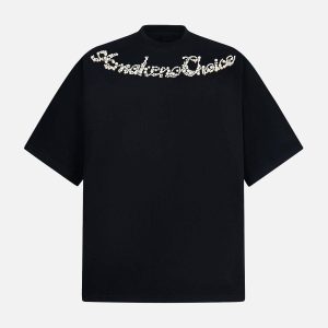 Concert Outfit Retro Embroidery Beaded Letter Print T-Shirt