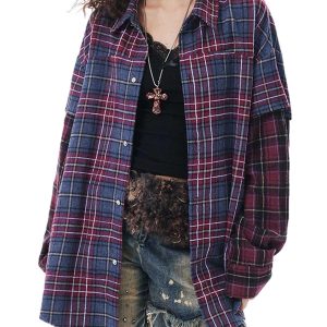 Concert Outfit Retro Faux Two-Piece Plaid Shirt