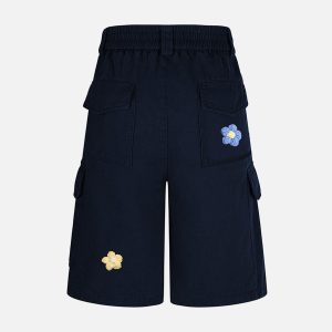 Concert Outfit Retro Floral Embroidered Pleated Multi-Pocket Cargo Jorts