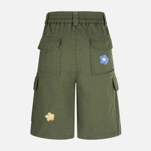 Concert Outfit Retro Floral Embroidered Pleated Multi-Pocket Cargo Jorts