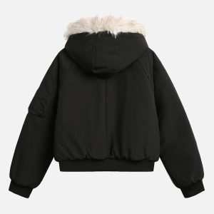 Concert Outfit Retro Fur Hooded Fleece Bomber Jacket