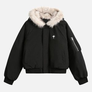 Concert Outfit Retro Fur Hooded Fleece Bomber Jacket