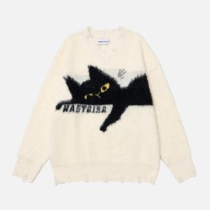 Concert Outfit Retro Lazy Cat Sweater