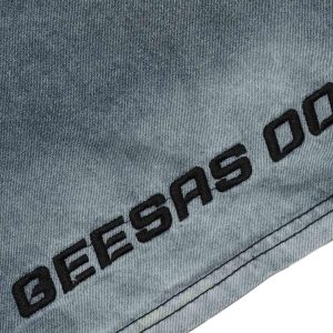 Concert Outfit Retro Letter Embroidery Contrast Denim T-Shirt