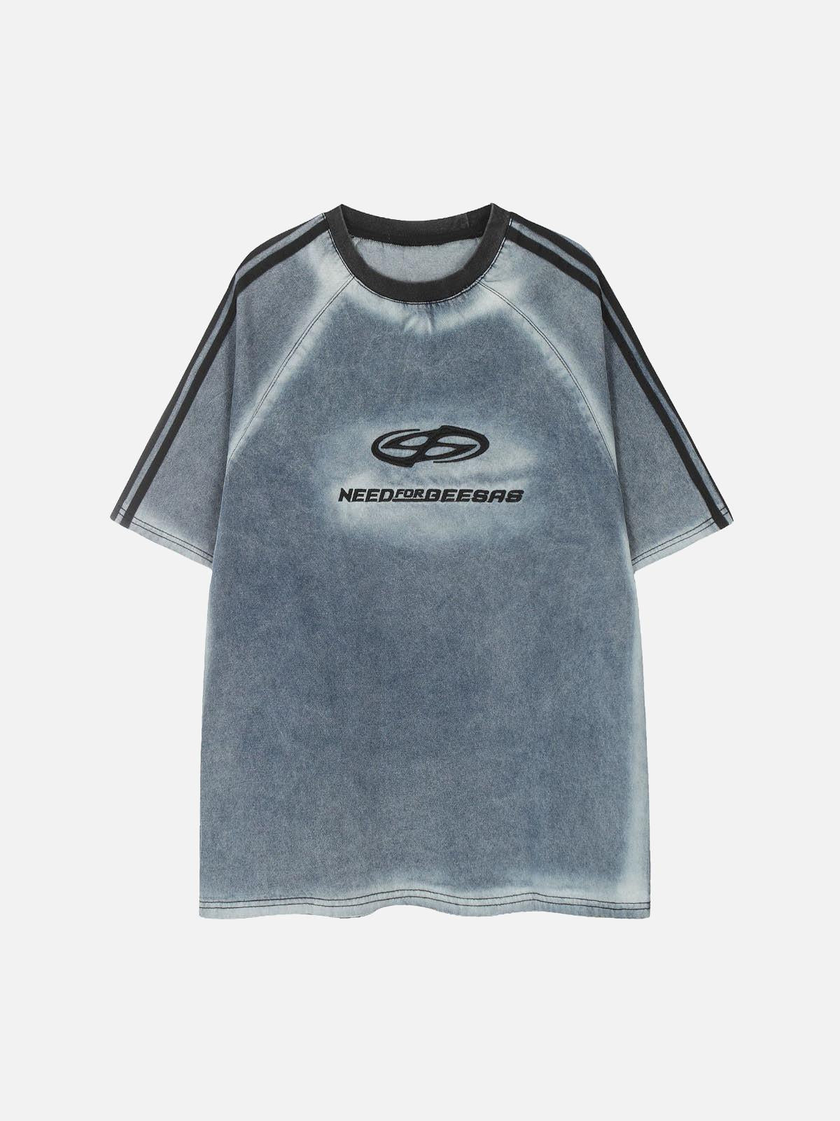 Concert Outfit Retro Letter Embroidery Contrast Denim T-Shirt Concert Outfit Retro Letter Embroidery Contrast Denim T-Shirt