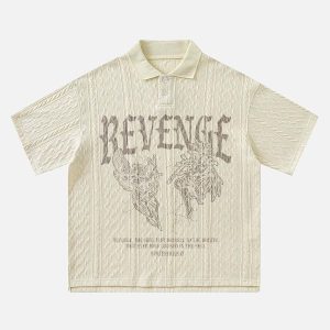 Concert Outfit Retro Letter Print Lapel Short Sleeve Polo Shirt