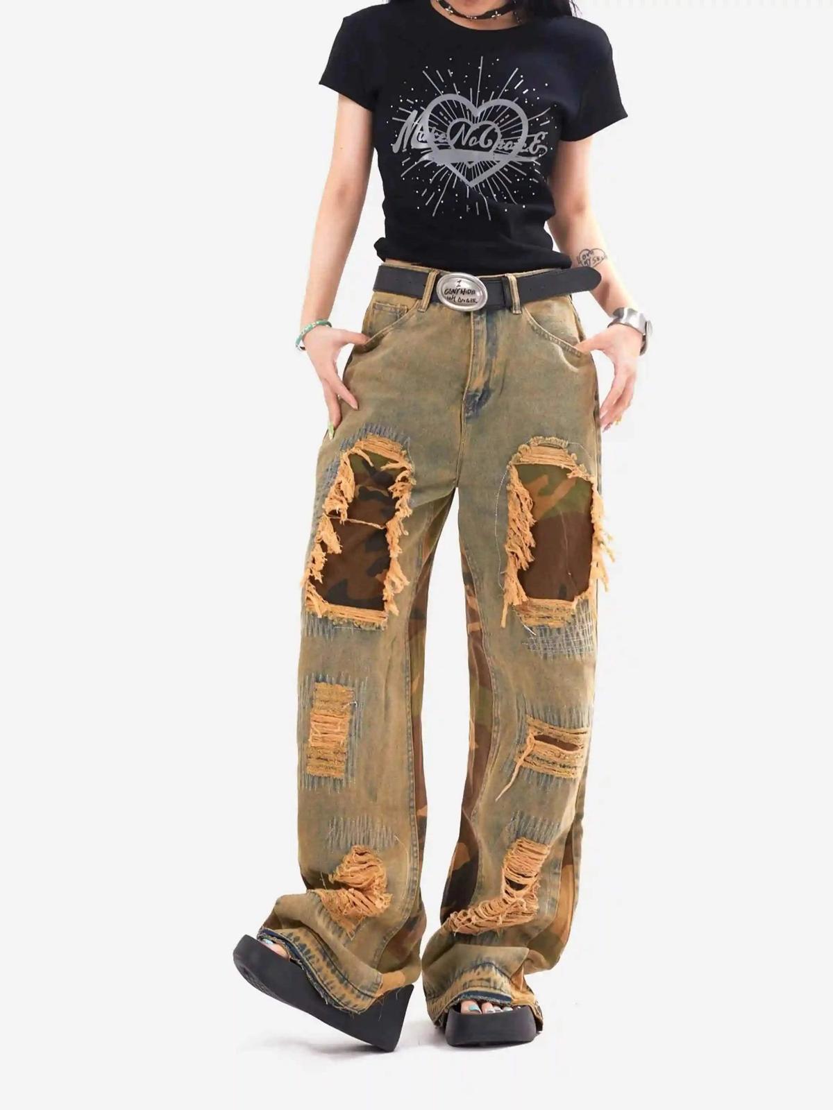 Concert Outfit Retro Patchwork Camouflage Flared Jeans Concert Outfit Retro Patchwork Camouflage Flared Jeans