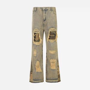 Concert Outfit Retro Patchwork Camouflage Flared Jeans