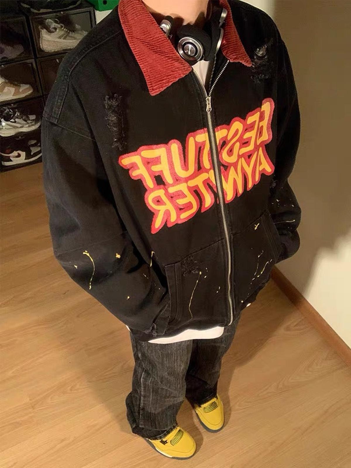 Concert Outfit Retro Patchwork Letter Denim Jacket Concert Outfit Retro Patchwork Letter Denim Jacket