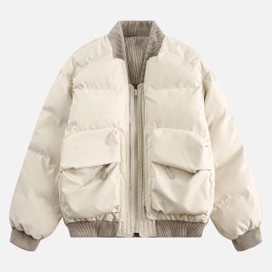 Concert Outfit Retro Patchwork Multi Pocket Puffer Bomber Jacket