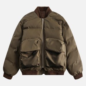 Concert Outfit Retro Patchwork Multi Pocket Puffer Bomber Jacket