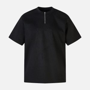 Concert Outfit Retro Quarter Zip Up Suede Embroidered T-Shirt