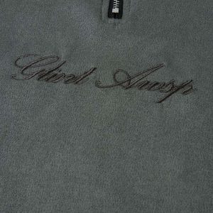 Concert Outfit Retro Quarter Zip Up Suede Embroidered T-Shirt