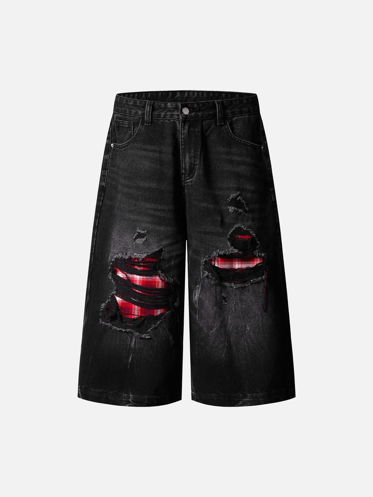 Concert Outfit Retro Ripped Contrast Plaid Denim Shorts Concert Outfit Retro Ripped Contrast Plaid Denim Shorts