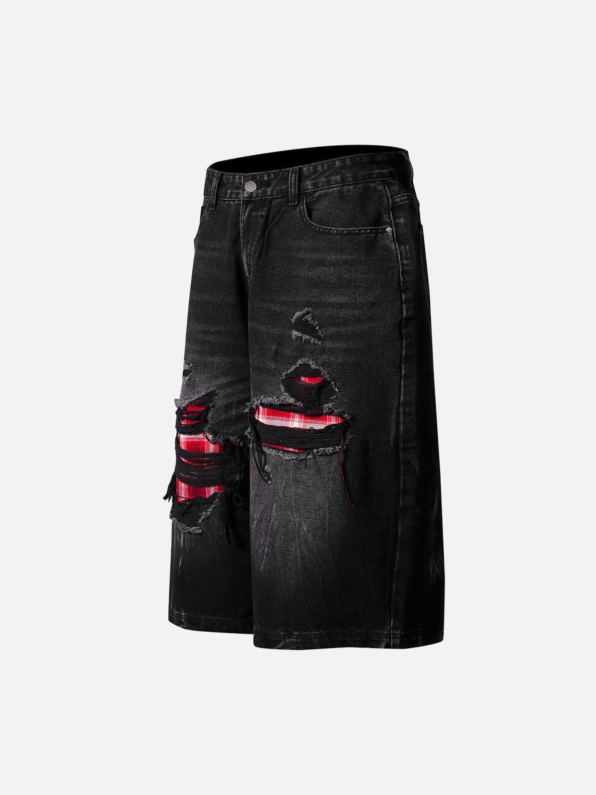 Concert Outfit Retro Ripped Contrast Plaid Denim Shorts Concert Outfit Retro Ripped Contrast Plaid Denim Shorts