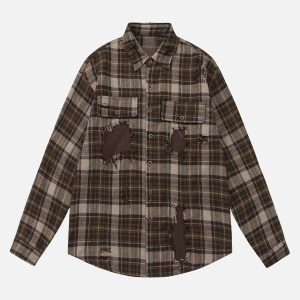 Concert Outfit Retro Ripped Patchwork Long Sleeve Plaid Shirt